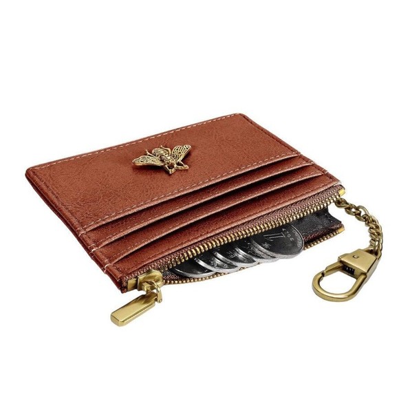 Small Brown Wallet Cards & Coins Holder Vtg Unisex Elegant Gold Keychain Italy - Picture 2 of 3